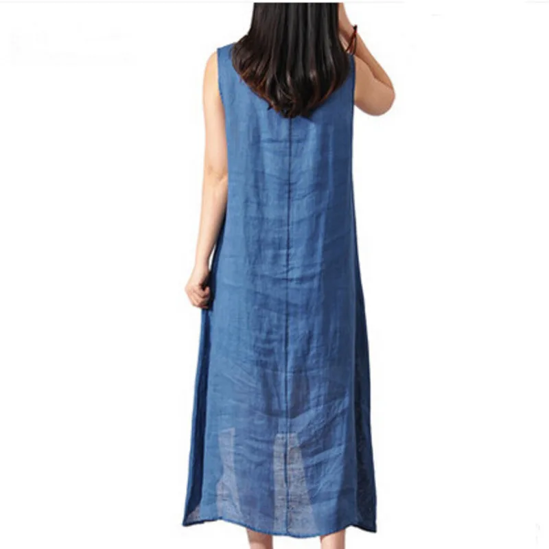 Женское платье из хлопка и льна с круглым вырезом без рукавов | Женская одежда