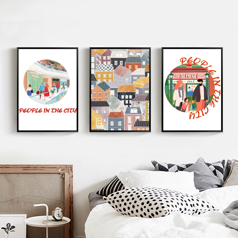 Абстрактная городская уличная живопись пейзаж холст искусство скандинавские