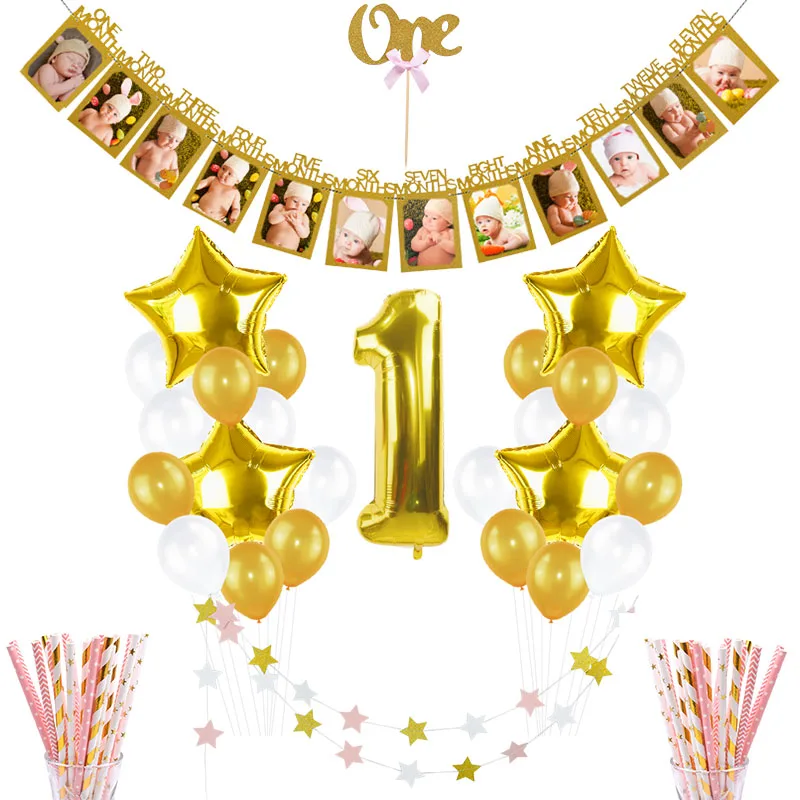 12 месяцев первый день рождения воздушный шар баннер украшение 1st мальчик девочка
