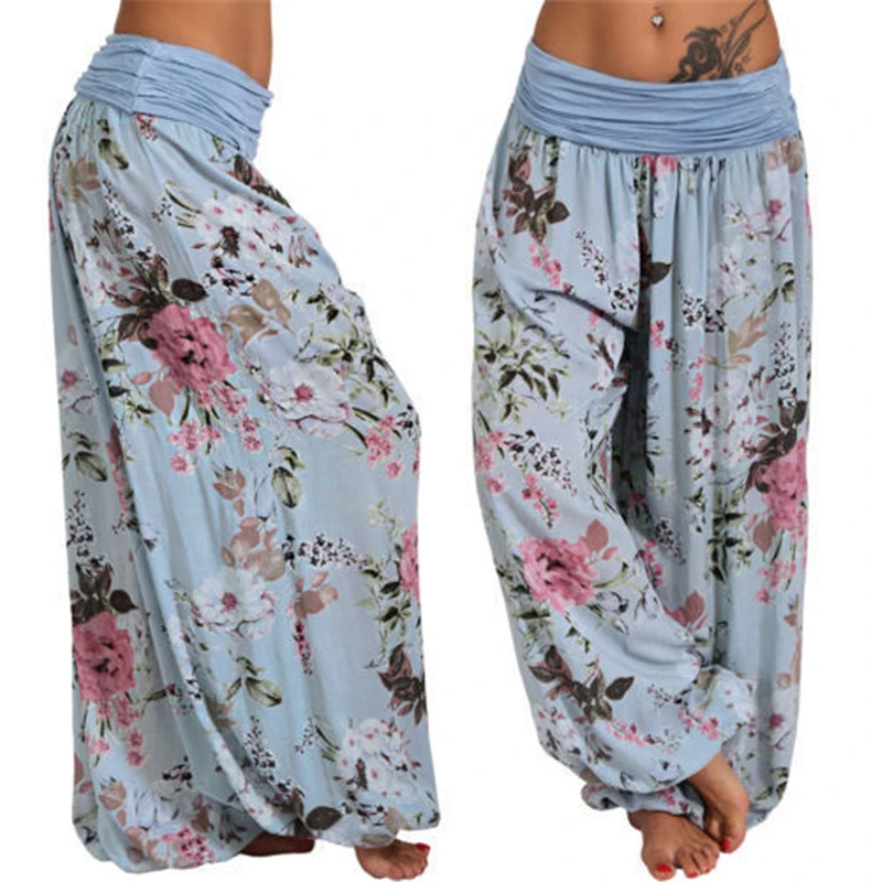 

2020 Fashion Women Wide Leg Pants Ladies Casual Indian Style Floral Baggy Loose Comfy Long High Waist Harem Trousers Plus Size