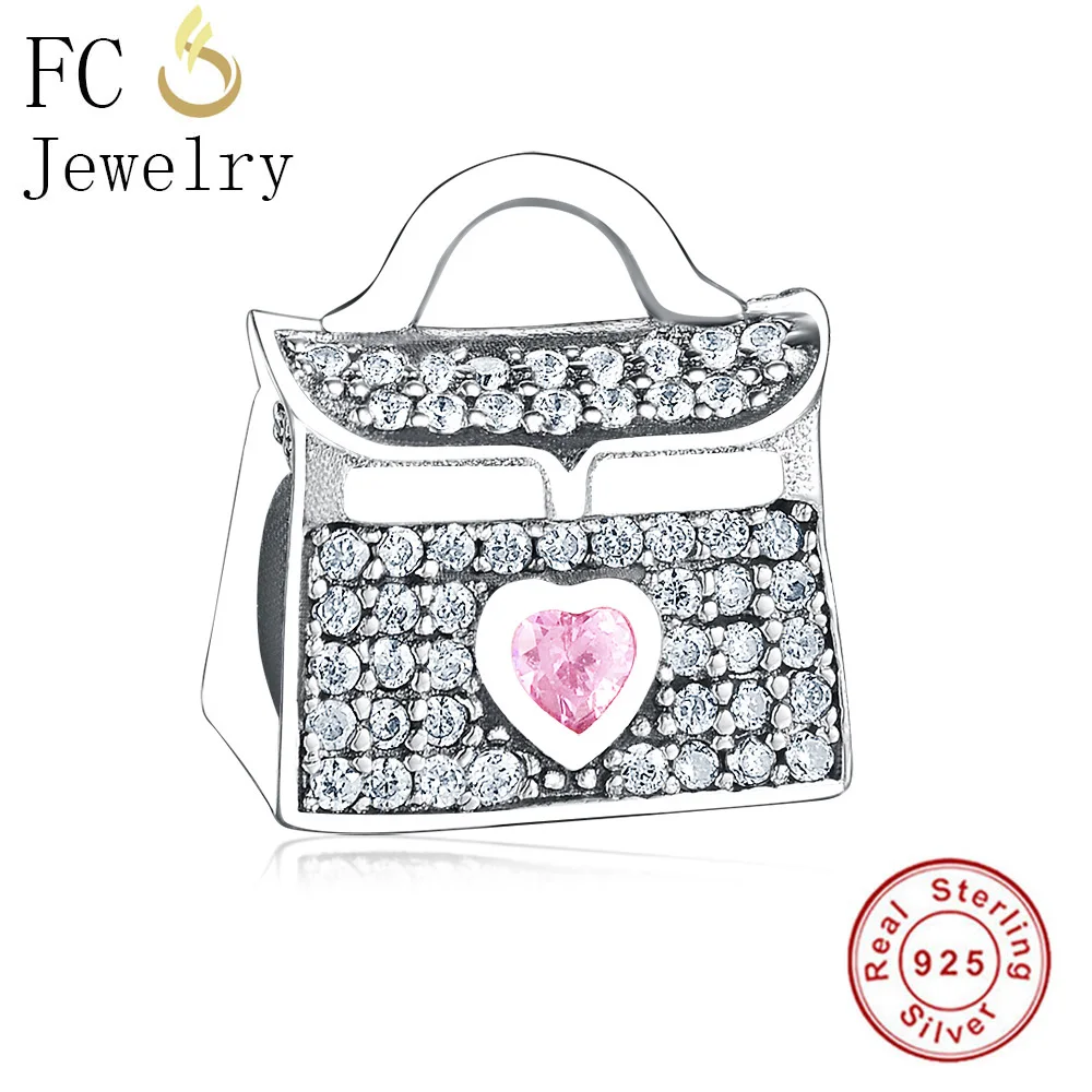 

FC Jewelry Fit Original Pan Charms Bracelet 925 Sterling Silver Bag Pave Zircon Love Pink Heart Handbag Beads Berloque 2022