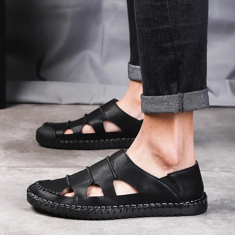 

outdoor roman rubber sandals for men leather genuine hollow shoes man 2019 summer handmade breathable beach mens walking comfort