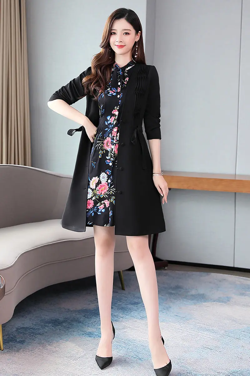 

Spring Autumn Fashion Print Dress Suit Female 2020 New Temperament Slimming Windbreaker Two-piece Set For Office Lady Suits K415