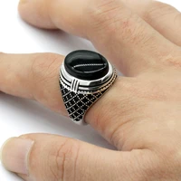 925 sterling silver men ring bezel setting natural black agate stone retro punk thai silver ring for man women silver jewelry
