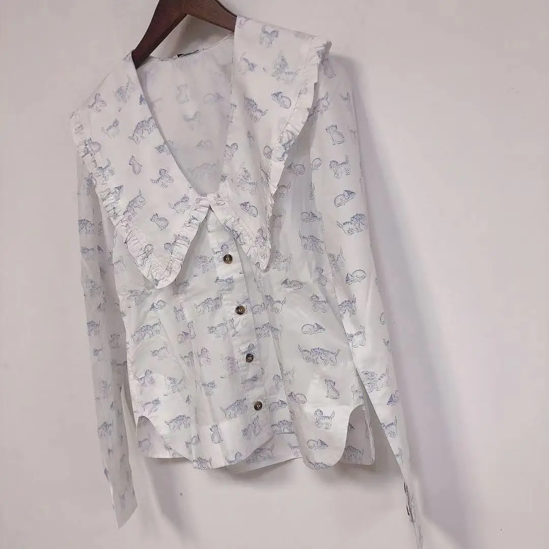 

Women Shirt 2021 Early Spring New Cat Print Peter Pan Collar Solid Color Shirt