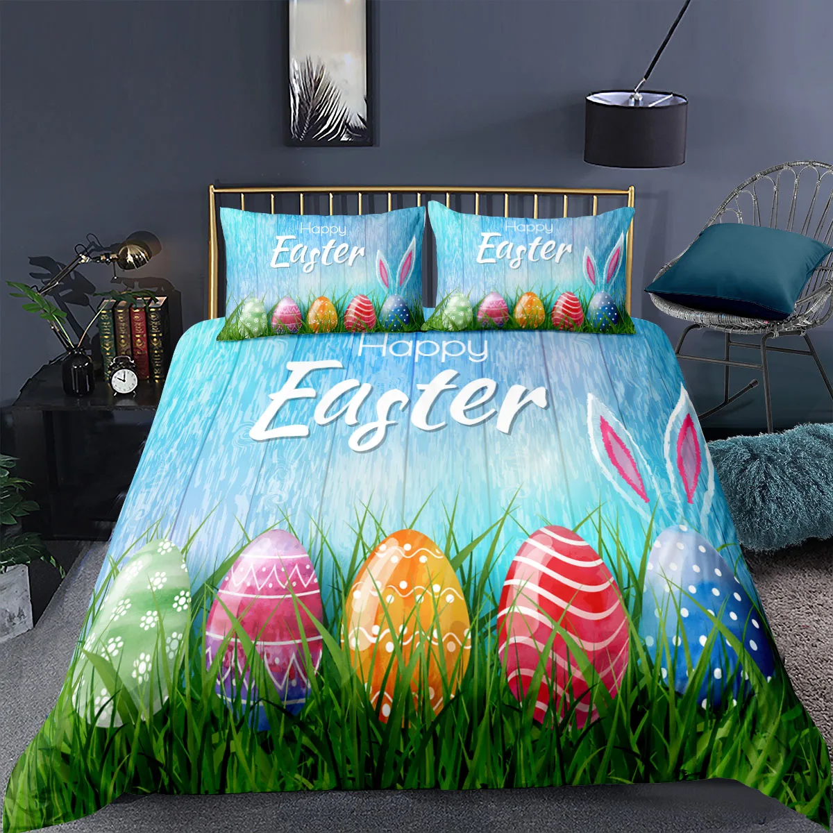 

Happy Easter Bedroom Decor Bedding Set Cartoon Rabbit/Egg Print Full Set King Queen Size Bed Cover Pillowcase