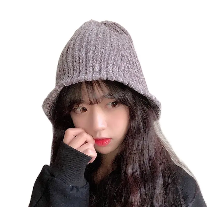 

Chenille Fisherman Hat Woolen Hat Autumn and Winter Basin Hat Female Foldable Knitted Elastic Warm Hat