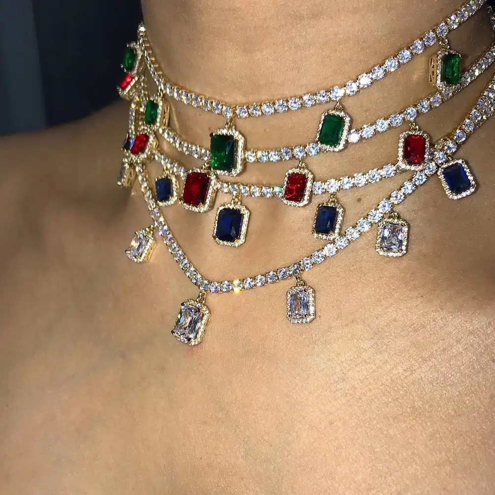 Белый зеленый красный красочный Багет cz падение теннис ожерелье iced out bling чокер для женщин Девушка Роскошные ювелирные изделия