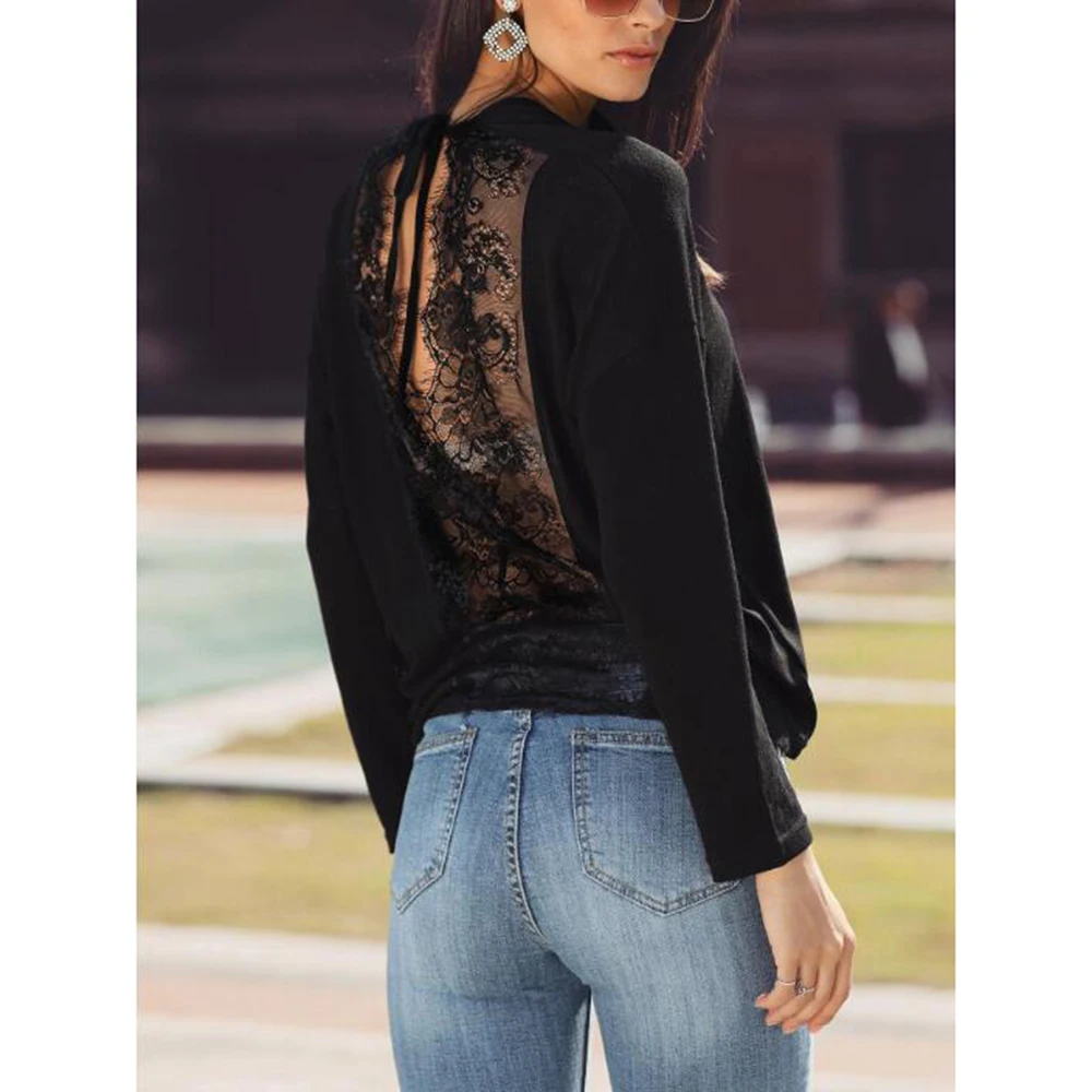 Женская блузка с длинным рукавом D40 черная кружевным вырезом Новинка осени