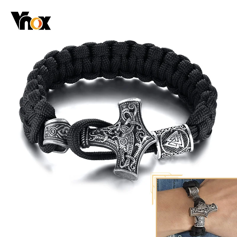 

Vnox Retro Viking Mjolnir Rope Bracelets for Men, Thor hammer Wristband Norse Mythology Runes Amulet Jewelry