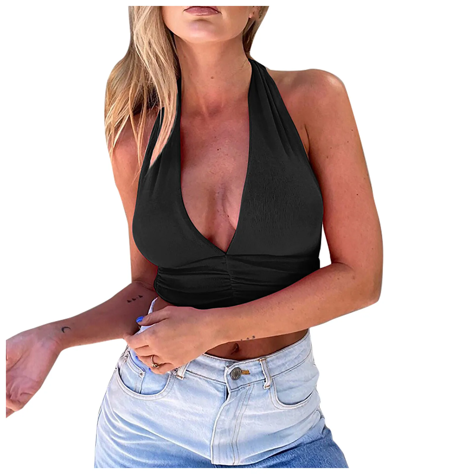 

Женский топ на бретельках, повседневный однотонный топ без рукавов с открытой спиной и глубоким V-образным вырезом, плиссированный женский ...