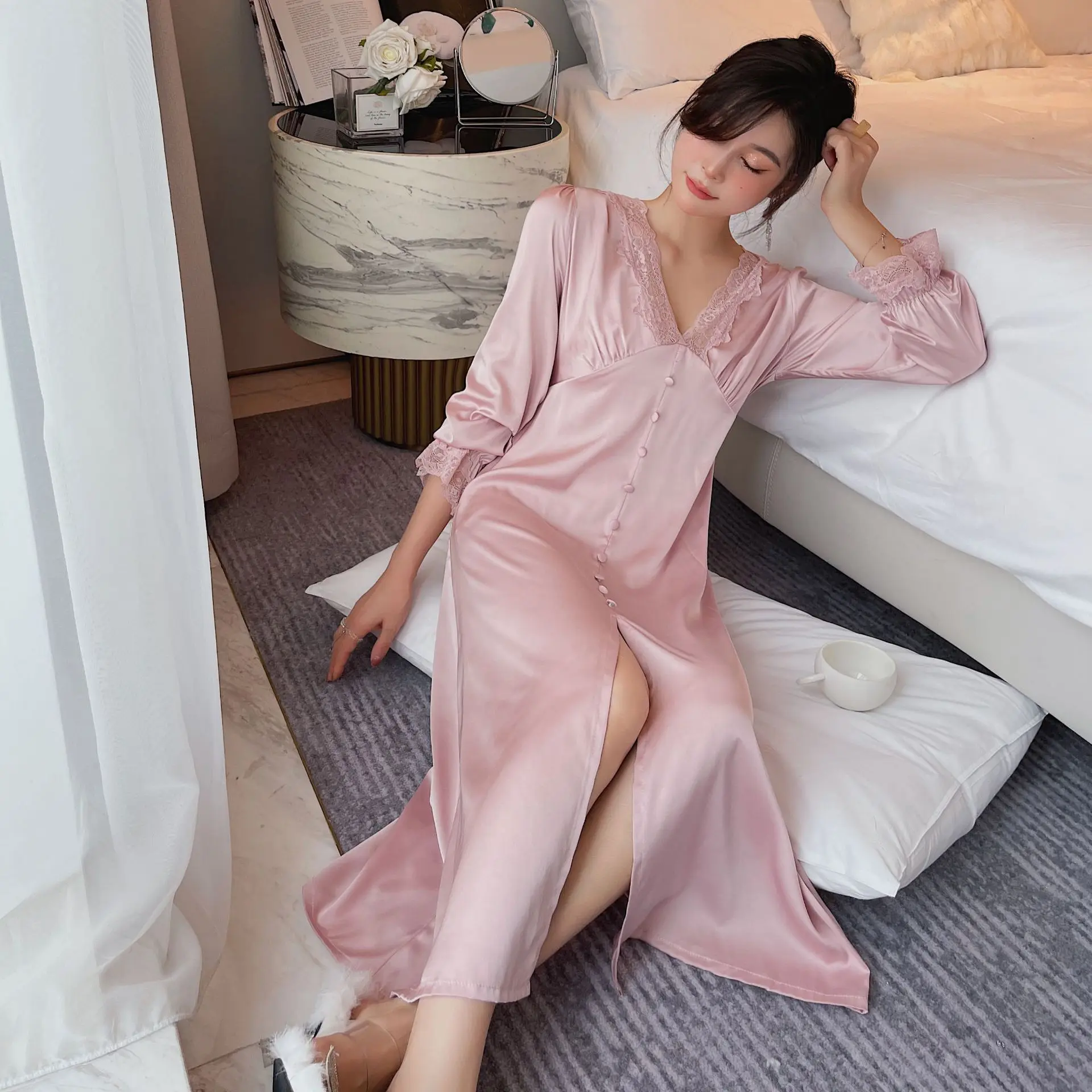 

Sexy Lace Trim V-Neck Split Nightdress Women Long Style Sleepwear Nightwear Nightgown Gown Intimate Lingerie Negligee