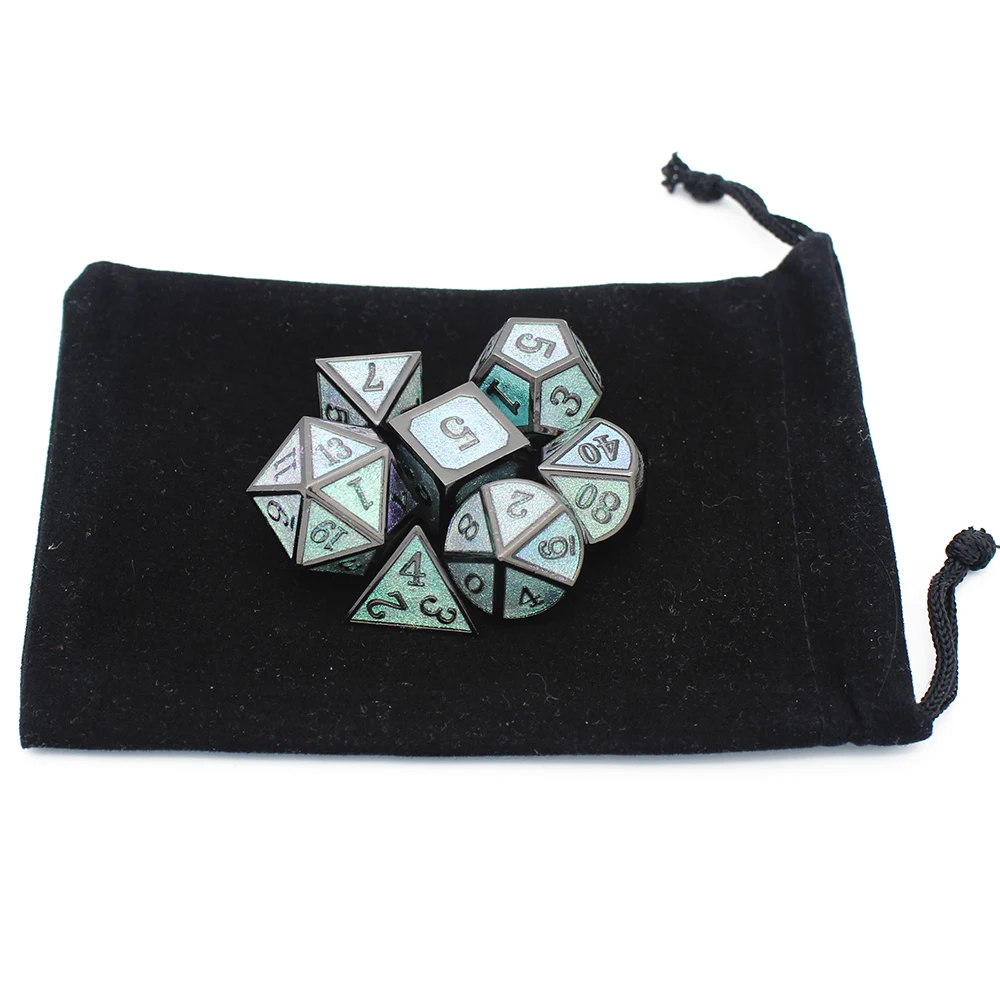 

Metal Dice D4 D6 D8 D10 D% D12 D20 with Soft Drawstring Pouch for DnD RPG Board Games Black And Discoloration 7 pcs dice set box