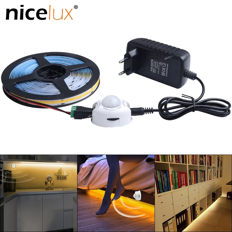 

PIR Motion Sensor COB LED Strip Light 12V Auto on/off Stair Wardrobe Closet High Density Flex FOB Tape Light Lamp Dimmable
