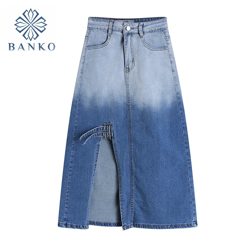 

Женская джинсовая юбка, повседневная универсальная юбка средней длины с высокой талией и разрезом, ассиметричная градиентная юбка в Корейс...