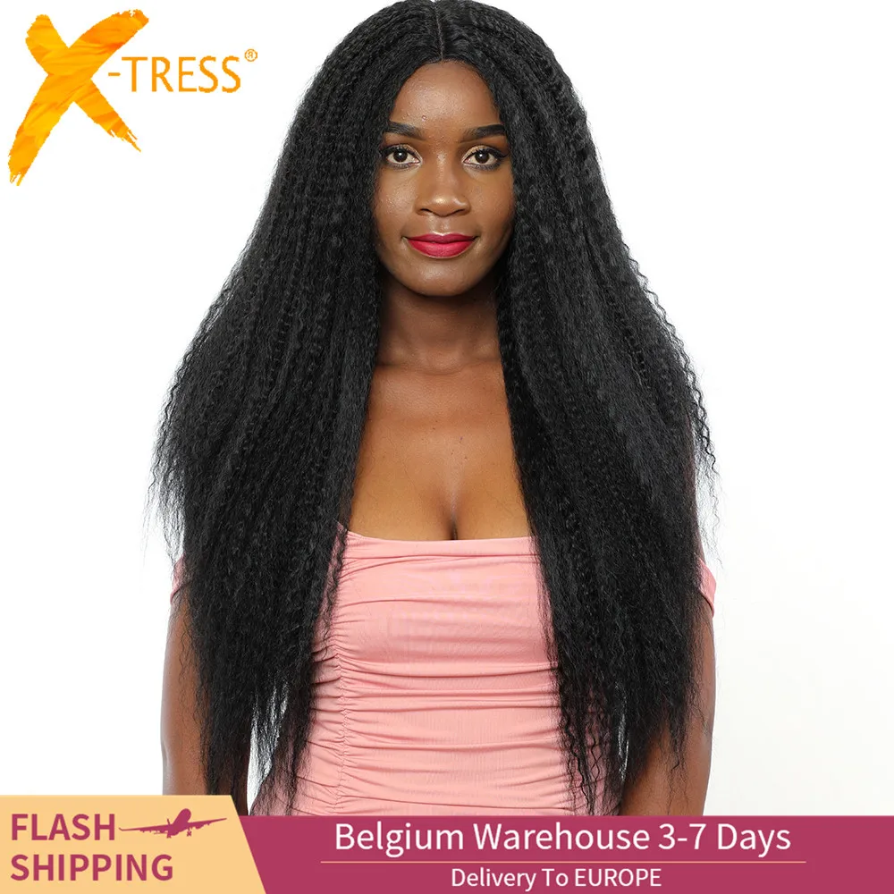 

Natural Black Color Synthetic Hair Lace Front Wigs African American Hairstyle X-TRESS Long Kinky Straight Lace Wig Middle Part