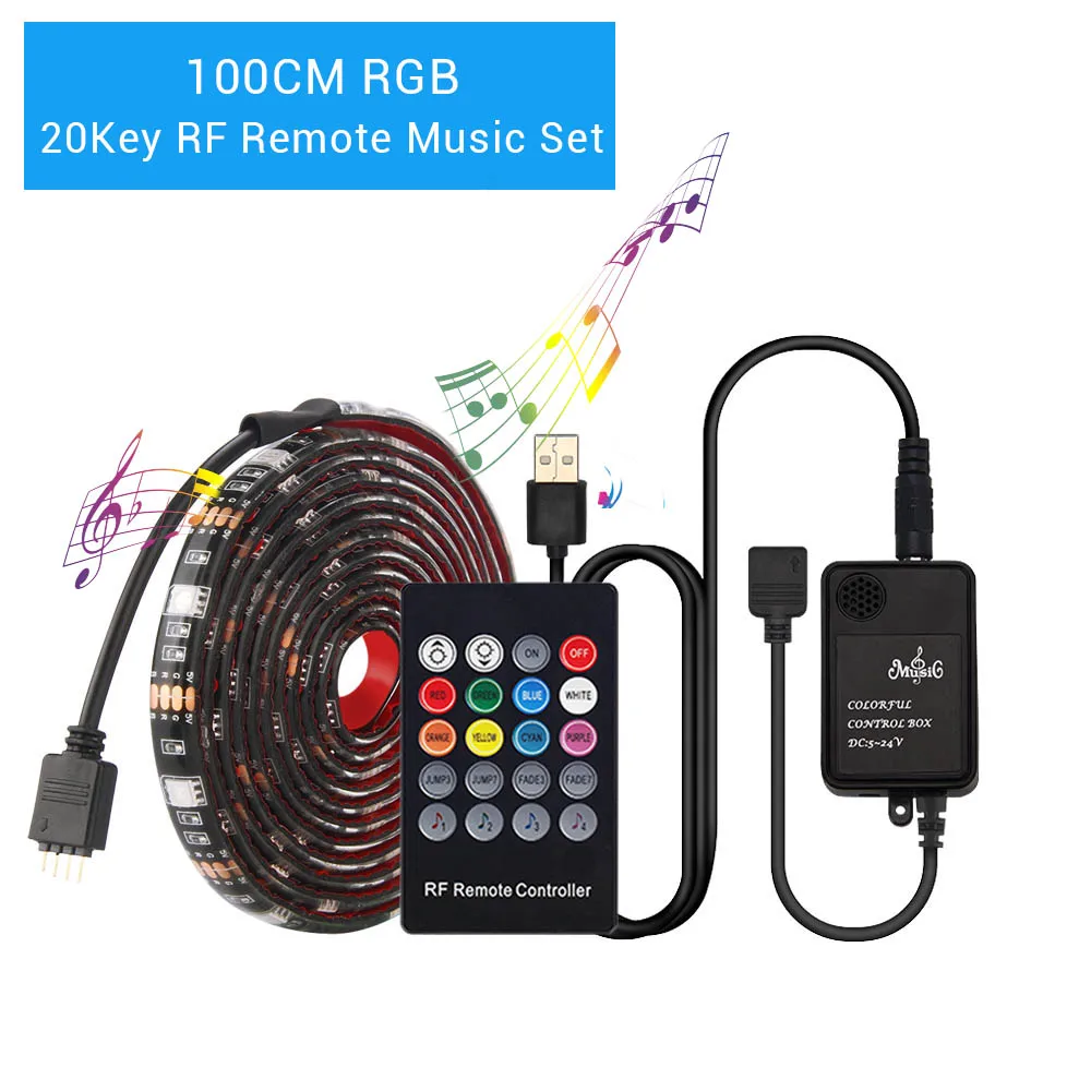 100CM RGB 20Key Светодиодная лента RGB 5050 с питанием от USB, 20Key, светодиодный музыкальный контроллер RGBW, Bluetooth, 40Key, светодиодная Диодная лента для телевизора, компьютера, подсветка - Испускаемый цвет: 100CM RGB 20Key
