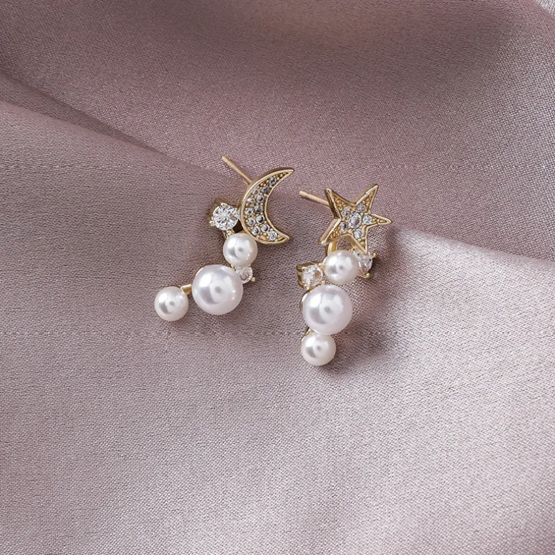 Real Gold Plated Cubic Zirconia Moon Star Pearls 925 Sterling Silver Stud Earrings for Women Girls Wedding Party Jewelry Gift | Украшения и
