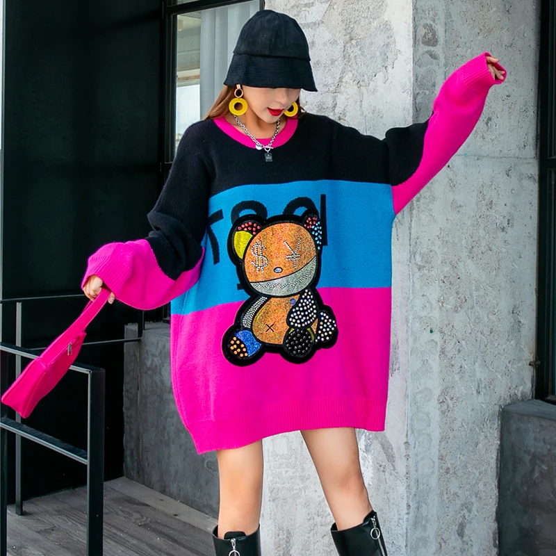 Горячая Распродажа Весна 2022 женский свитер с принтом медведя Стразы цветной в