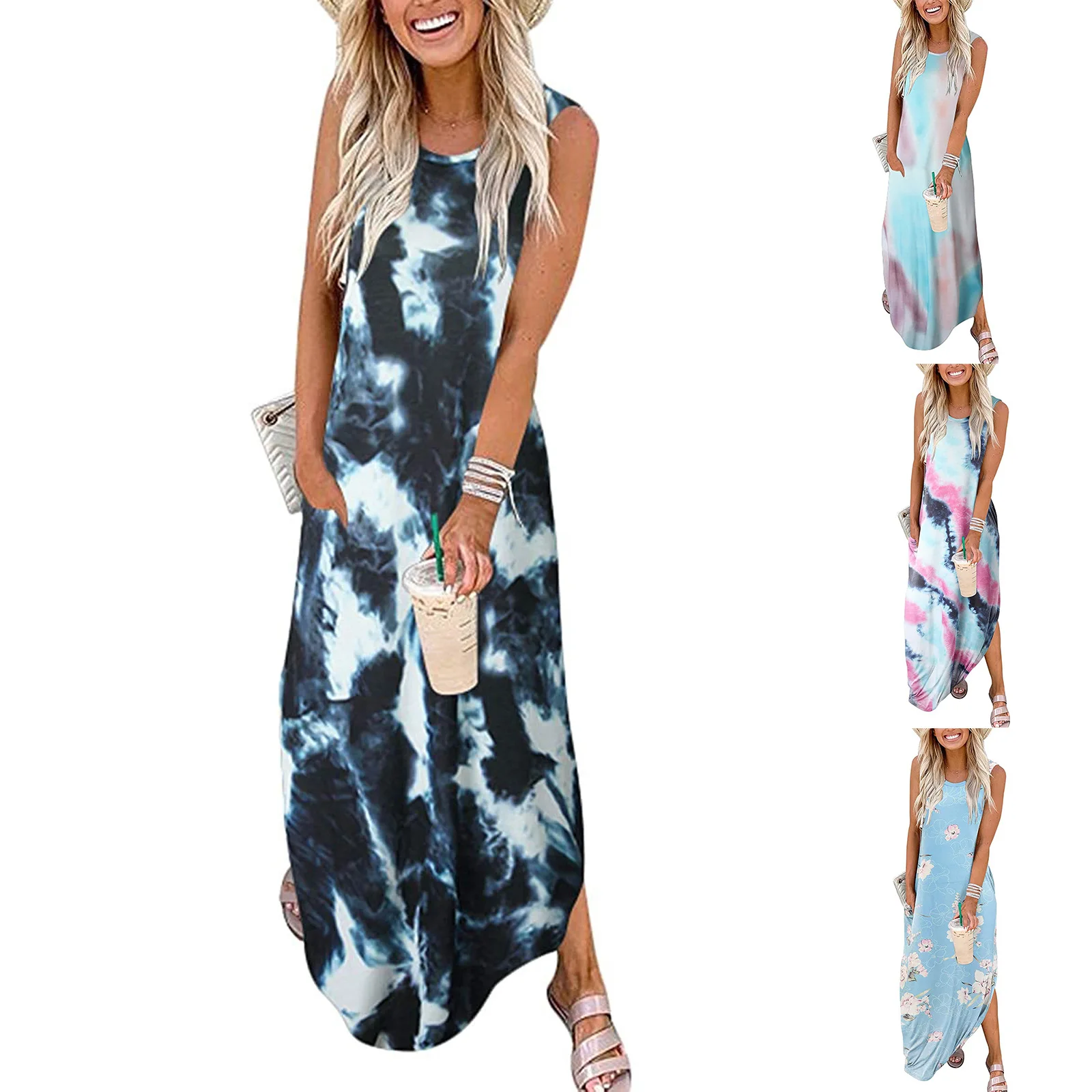 

2021 New Summer Tie-dye Print Maxi Dress Sexy Sleeveless Beach Party Split Dress Women Pockets Casual Long Dress Female Vestidos