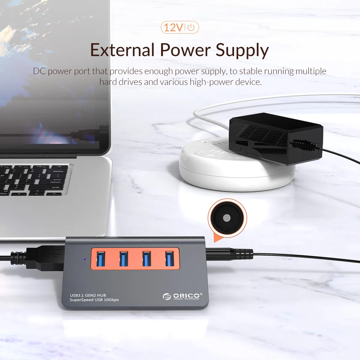 ORICO 4 порта USB3.1 Gen2 концентратор USB C Gen2 алюминиевый концентратор 10 Гбит/с SuperSpeed с 12 В адаптер питания для Mac Pro huawei samsung