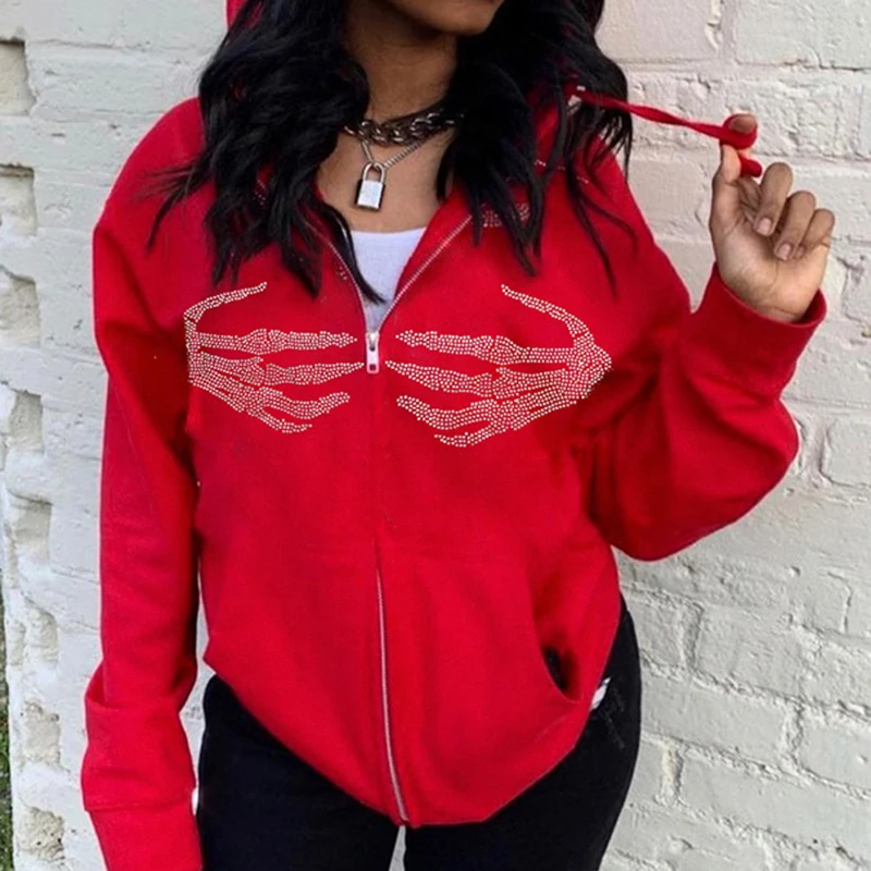 

Goth Skull Rhinestone Y2K Zip Up Hoodies Women Sweatshirt Oversize Hooded Pocket Coat Vintage Streetwear Tops Hoodie Autumn 2021