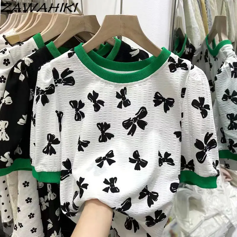 

ZAWAHIKI Fashion Casual Print Bowknot T-Shirts Women Summer 2021 O Neck Short Sleeve Loose Tops Student All-match Ropa Mujer
