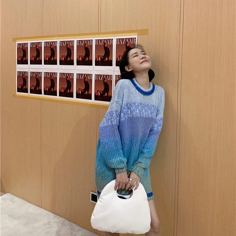 Женский свитер мохеровые вязаные пальто синий язычковый ленивый стиль зимняя