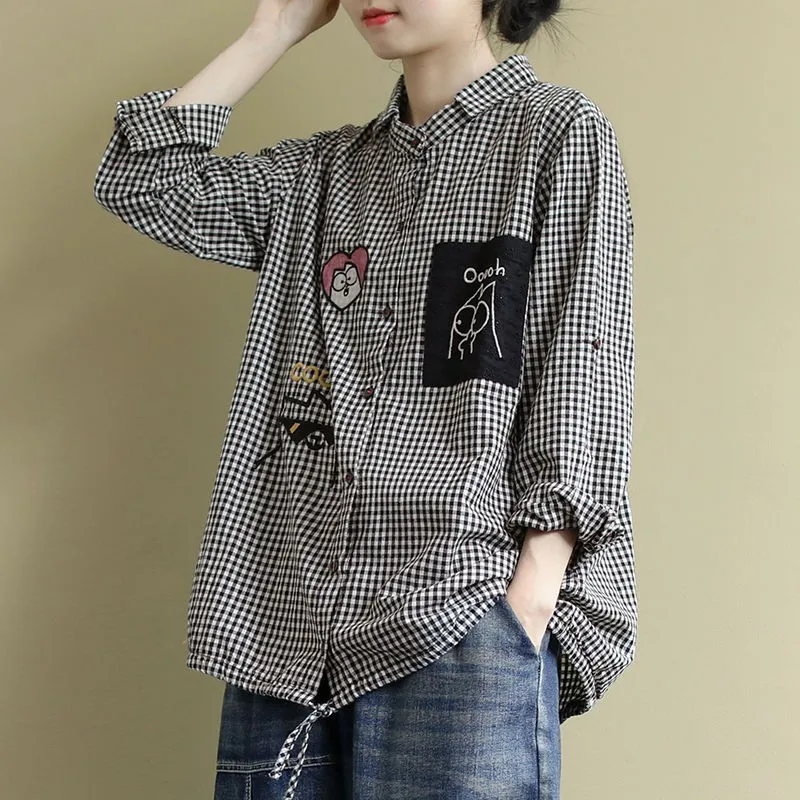 

Plus Size Women Casual Shirt New 2021 Korean Style Vintage Plaid Cartoon Embroidery Oversized Female Woman Blouses Shirts