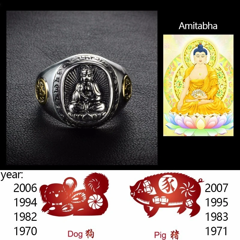 ZABRA Buddha Real 925 Silver Rings For Women Men Chinese Zodiac Patron Saint Vintage Mens Signet Ring Adjustable Biker Jewelry - Цвет камня: Amitabha