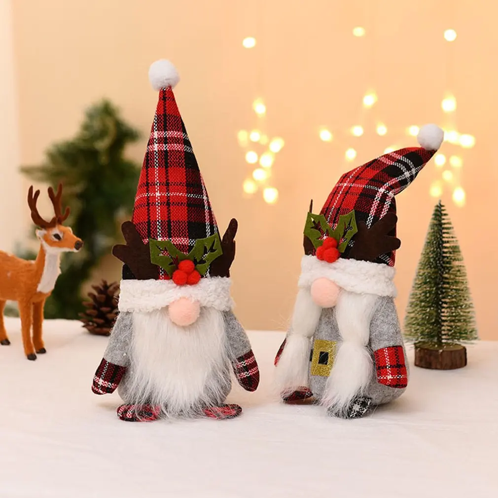 

Cute Faceless Doll Plaid Ribbon Hat Forest Old Man Doll Home Plush Desktop Decoration Table Ornaments Hanging Pendant