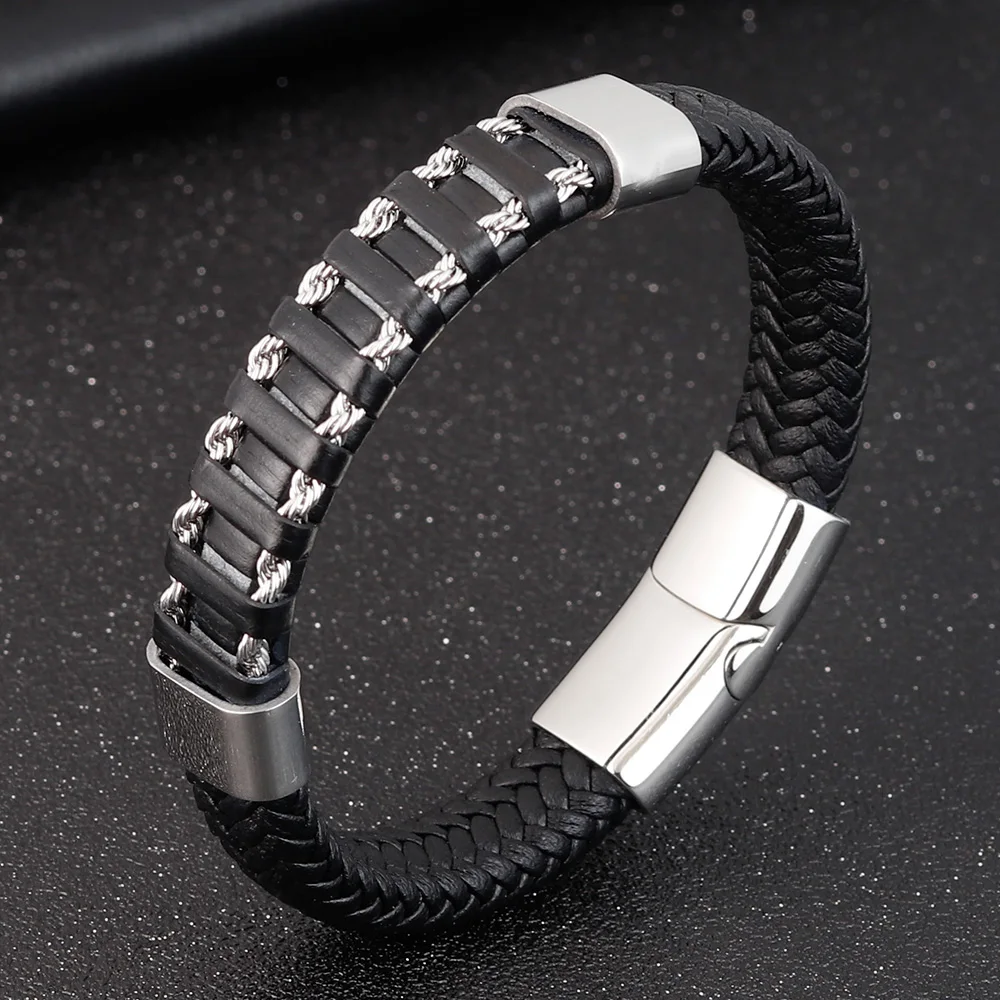 Роскошный панк браслет из нержавеющей стали комбинированный кожаный