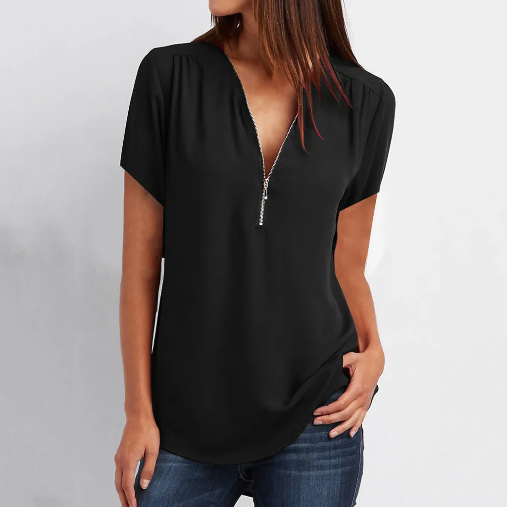 

Female Casual Summer Top Shirt Ladies V Neck Zipper Loose T-shirt Tee Top Women's Fashion Short Sleeve Top Vestidos Verano #T2P