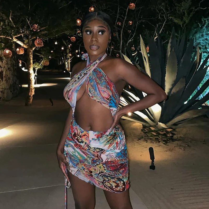 

2021 Ladies Temperament Sexy Beach Club Print Sleeveless Backless Umbilical Tie Dress Custom