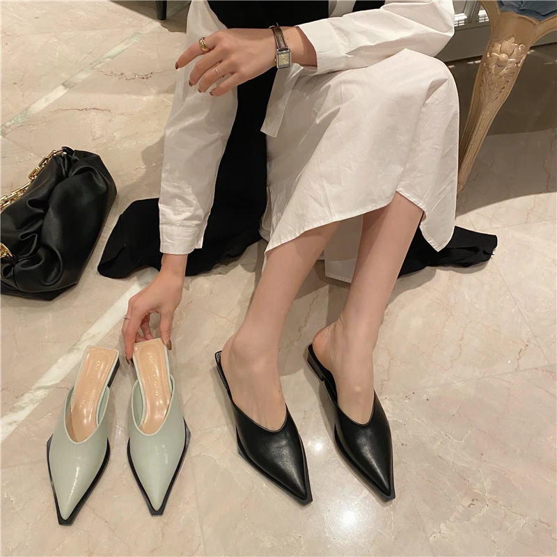 Мюли женские на квадратном каблуке простые туфли заостренный носок квадратная