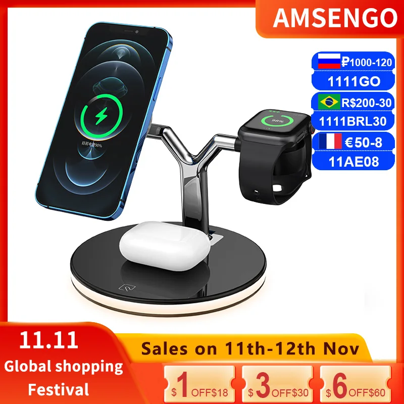 

20W For iPhone 12 12Pro Max 12mini Magnetic Fast Wireless Charger Stand Magnet Chargers Dock Station 3 in 1 Charger for Magnetic