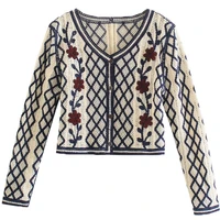2022 women hollow out flower embroidery patchwork argyle knitted cardigan autumn long sleeve sweater crop tops