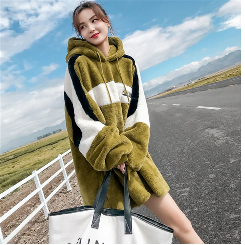 Женская длинная плюшевая толстовка свободное плюшевое пальто с капюшоном