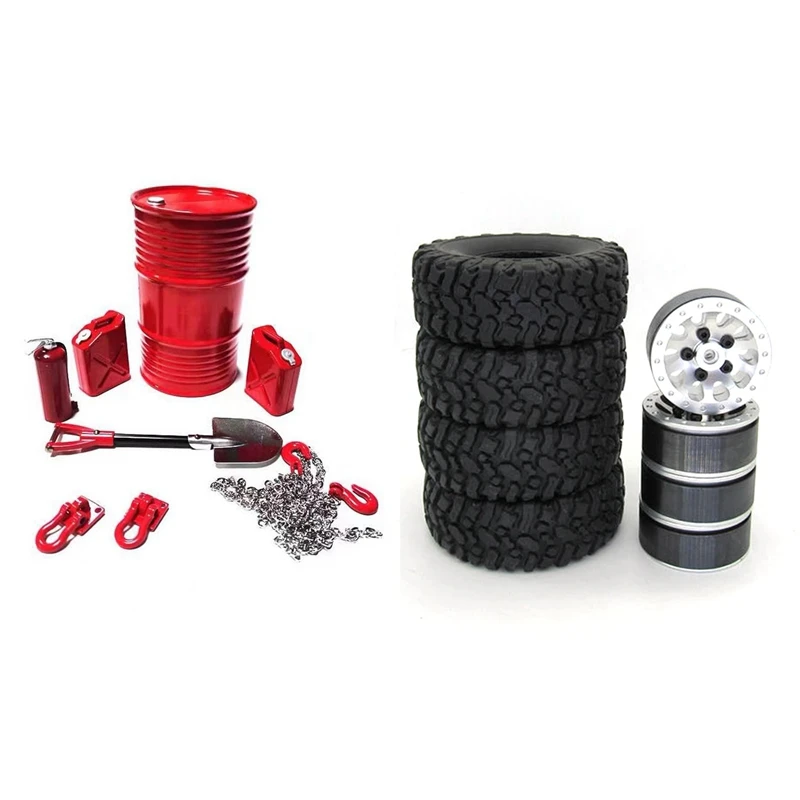 

8Pcs Tow Hook Oil Tank Shovel for TRX4 SCX10 90046 D90 MST Jimny VS4 & 1set Metal Wheel Rim Hub with Rubber Tire Tyre