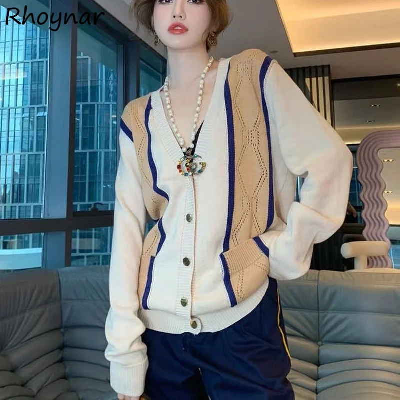 

Cardigans Women Long Sleeve Single Breasted Patchwork V-neck Autumn Elegant Loose Classy Sweaters Knitting Female Ulzzang New
