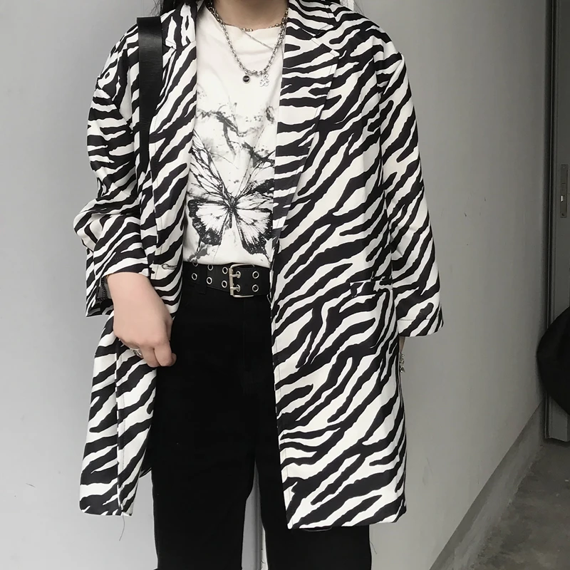 

Women Summer Zebra Pattern Suit Jackets 2021 High Fashion Streetwear Loose Clothes Office Ladies Black and White Striped Blazers