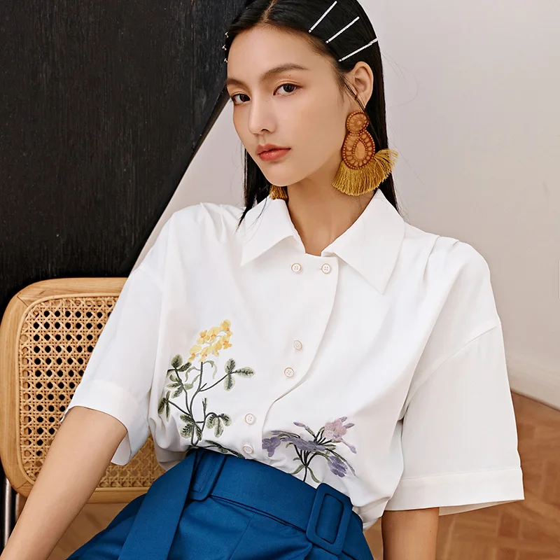 

LANMREM Women White Blouse Lapel Short Sleeve Loose Fit Lady Shirt Fashion Tide Summer 2021 New Arrivals 2E1877