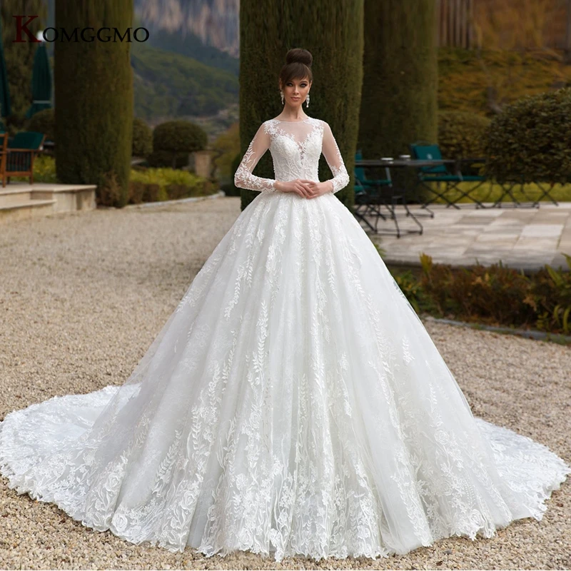

Luxury O-Neck Full Sleeve Embroidery Appliques Tulle Bridal Ball Gown Custom Made Button Back Cathedral Train Wedding Dress