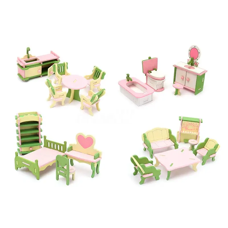 

4 набора, деревянный кукольный домик, миниатюрная мебель, модель-пазл, детские игрушки