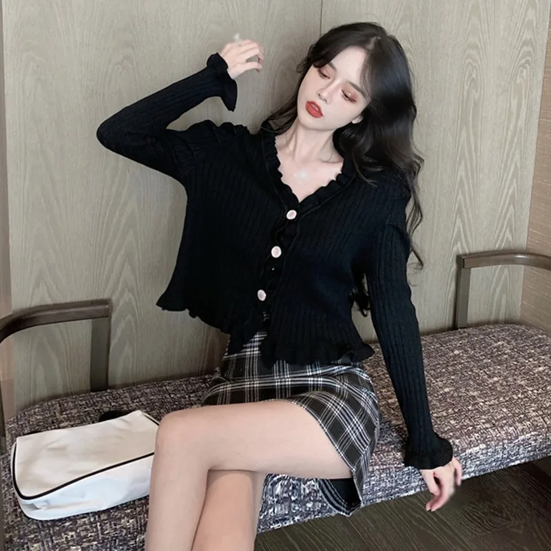 

Женский однобортный свитер с V-образным вырезом, однотонный трикотажный свитер с длинным рукавом, кардиган в Корейском стиле, осень