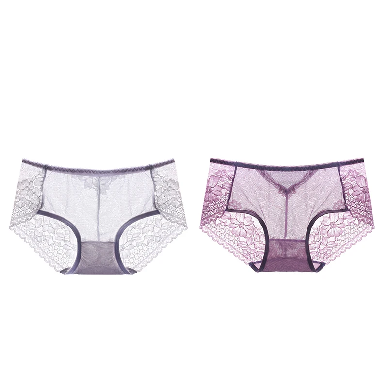 grey purple Meizimei, сексуальные цветочные женские штаны, кружевное белье, Ультра тонкое, короткие, хлопковые, прозрачные, размера плюс, трусики, нижнее белье, 2 шт, M, L, XL Размер - Цвет: grey purple