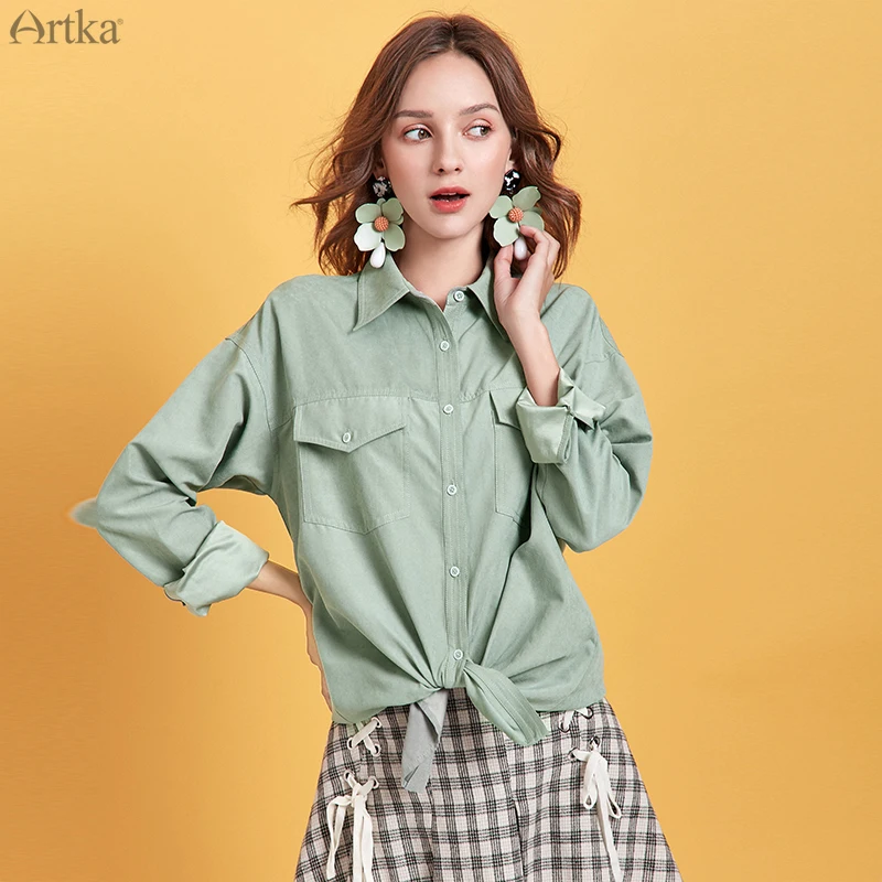 ARTKA 2020 Spring New Women Blouses Pure Color Turn-down Collar Shirt Minimalist Loose Casual Long Sleeve Blouses Women SA10394Q