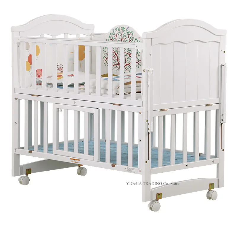 Multifunctional Wood Infant Crib, Can Combine Adult Bed, 106*64*98cm, Extend to 150cm Length, White Baby Cot