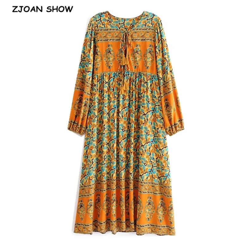 Женское платье с длинным рукавом длинное оранжевое в этническом стиле цветочным