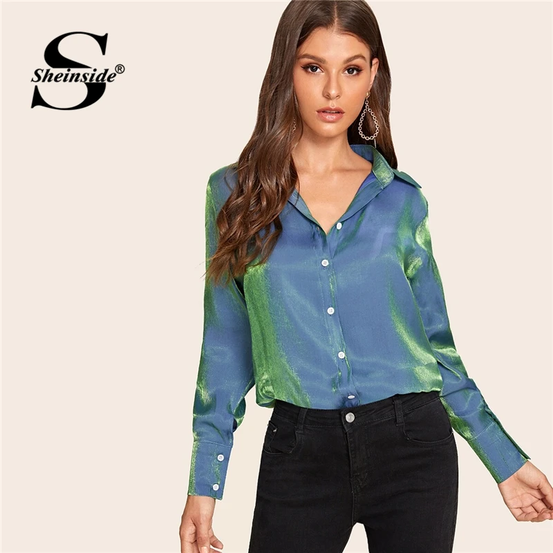 Sheinside, Повседневная атласная блузка на пуговицах, женская, осень, v-образный вырез, минималистичный стиль, блузки для девушек, синий металлик, блестящая отделка, Топ
